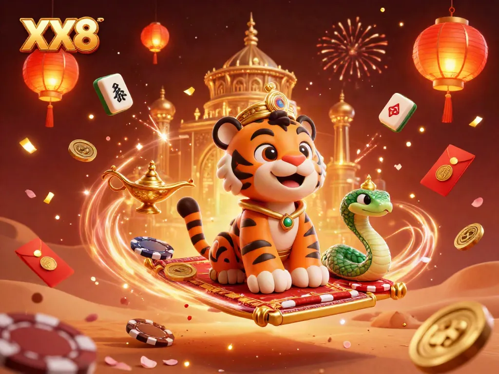 Engage with the vibrant XX8 casino illustration featuring a tiger sultan on a poker chip carpet amid fireworks and riches.
