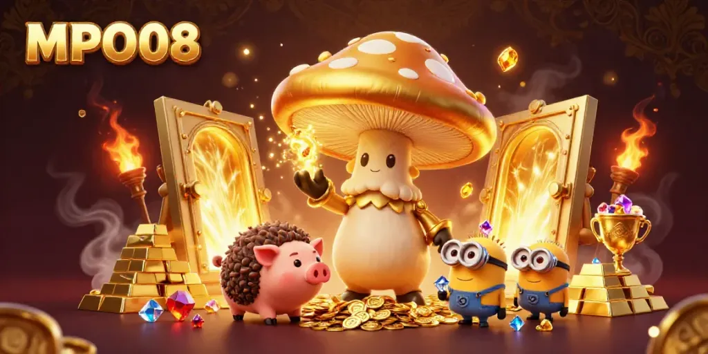 MPO08 presents a magical 3D scene where a golden mushroom wizard discovers treasures with magical friends in a casino-themed setting.