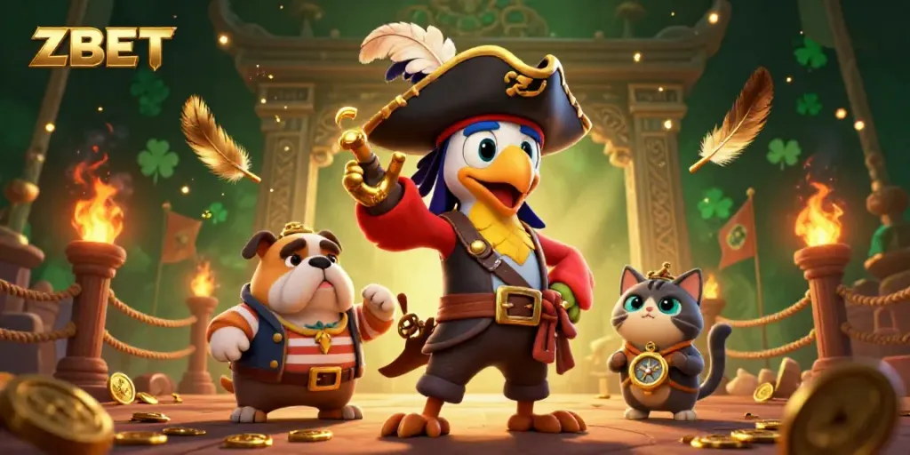 ZBET showcases pirate-themed casino action with vibrant characters and exciting game elements.