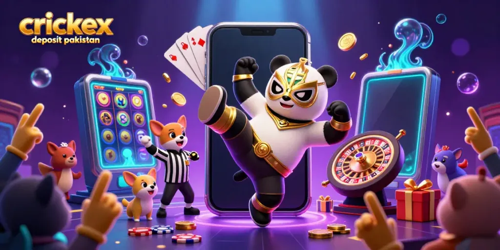 Experience crickex deposit pakistan with a vibrant 3D scene featuring panda wrestlers and casino elements.
