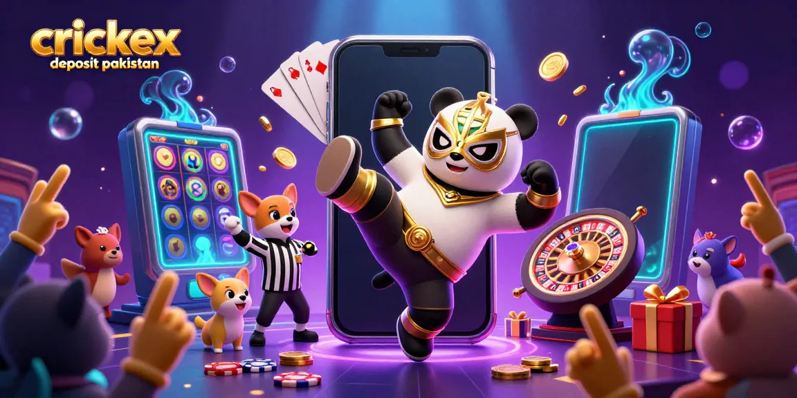 Experience crickex deposit pakistan with a vibrant 3D scene featuring panda wrestlers and casino elements.