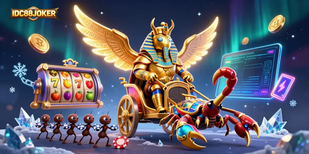 Experience thrilling gameplay at IDC88JOKER with vibrant slot reels, golden scorpions, and neon crypto coins.