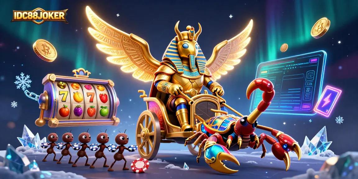 Experience thrilling gameplay at IDC88JOKER with vibrant slot reels, golden scorpions, and neon crypto coins.