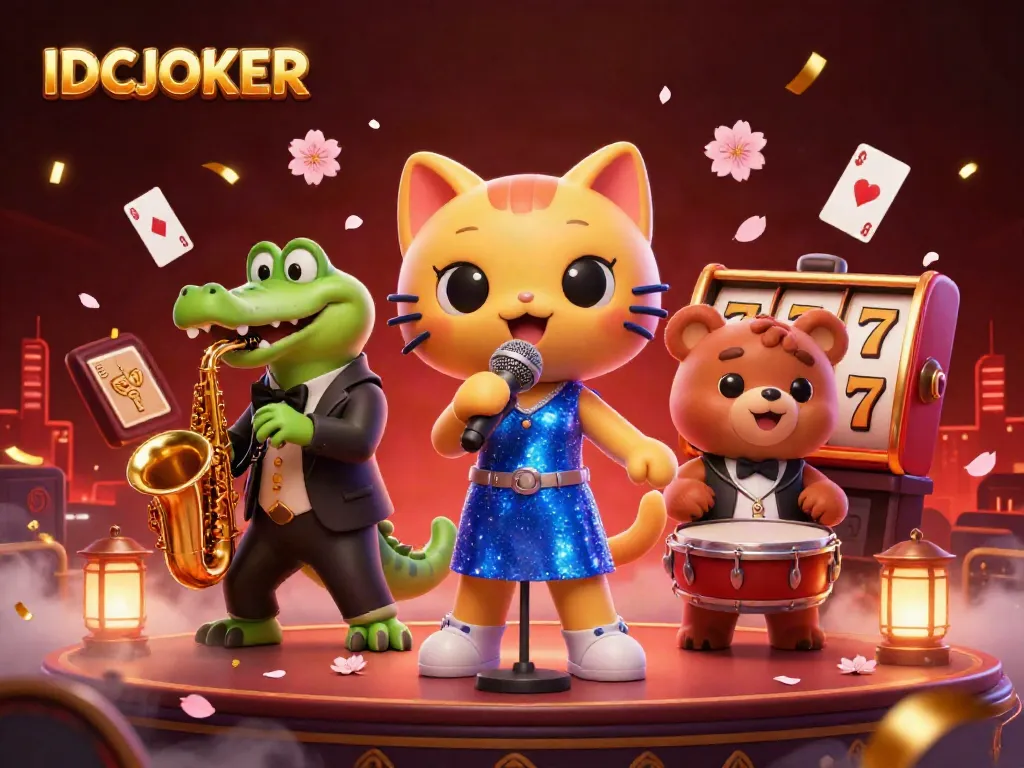 Engage with IDCJOKER's lively casino scene featuring a singing cat, a saxophone croc, and a drumming bear.
