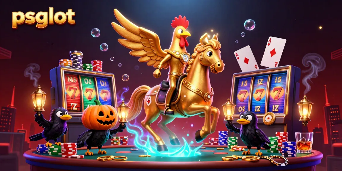 Experience exciting games at psgslot with a golden rooster and spectral horse illustration in a vibrant casino scene.