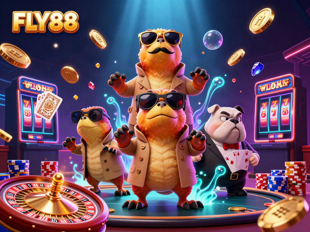 FLY88 captures casino excitement with cartoon raptors and vibrant gaming elements