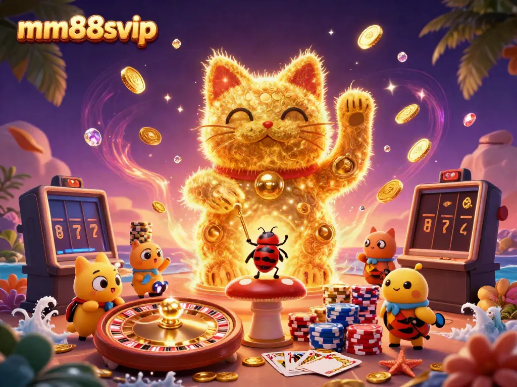 Experience thrilling gameplay with mm88svip and the vibrant lucky cat in this casino-themed illustration.