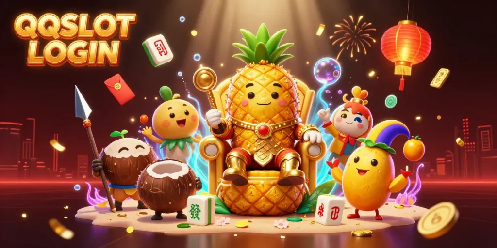 Engaging QQSLOT LOGIN scene with a golden pineapple king and casino elements capturing excitement.