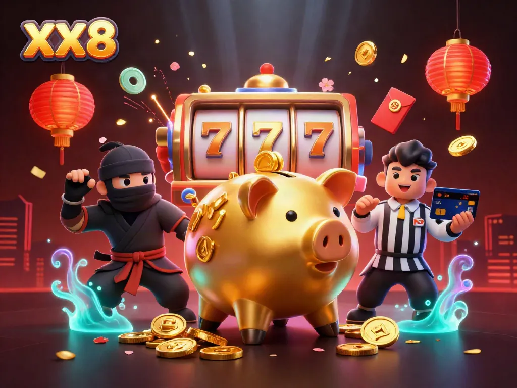 Engage in action with XX8's lively 3D casino scene showcasing a dynamic sumo wrestler piggy bank, ninja, and samurai.