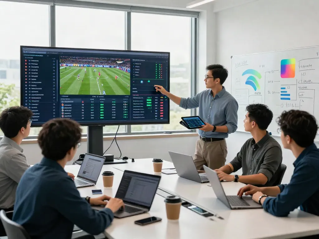 TOP10FOOTBALL analysis with data analysts reviewing player rankings and statistics in a modern office.