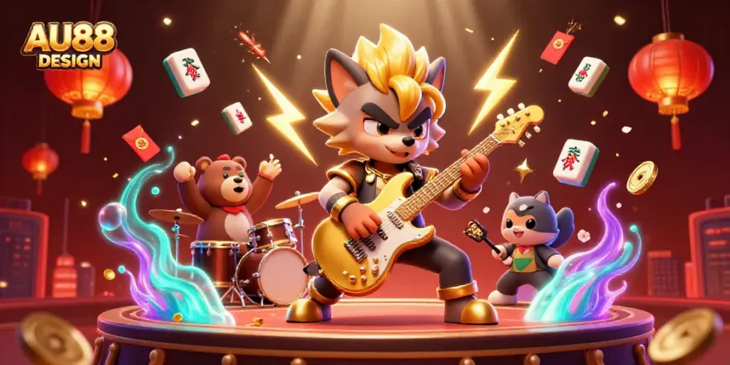 Experience excitement at AU88 DESIGN with vibrant casino-themed illustration showcasing lively characters.