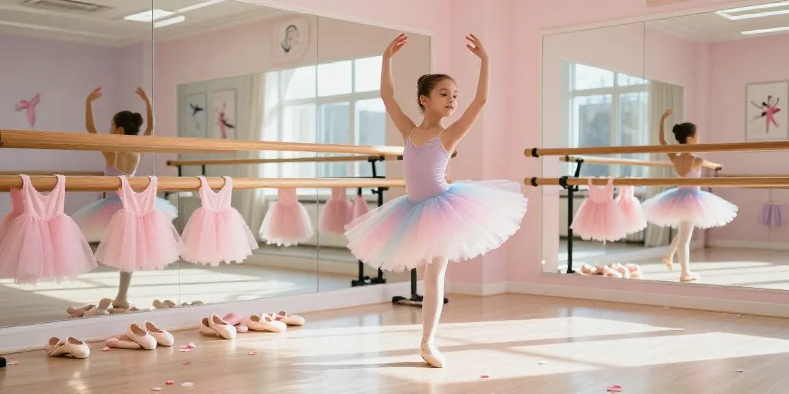 Tutu store showcasing a young dancer practicing in a bright ballet studio.