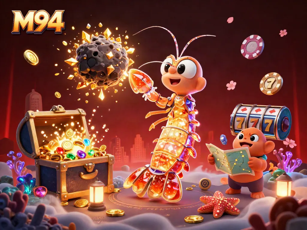M94: Capture thrilling casino action with a galactic shrimp hero amidst jackpot explosions and vibrant games.