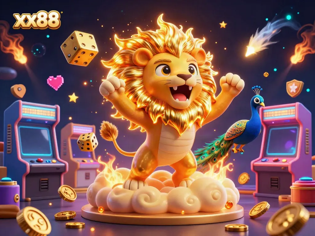 Spin the reels of xx88 with an epic casino-themed digital art, featuring a roaring lion and colorful game elements.