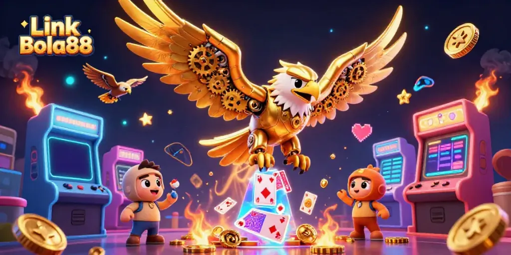 Experience winning strategies with Link Bola88 amidst vibrant 3D casino elements.