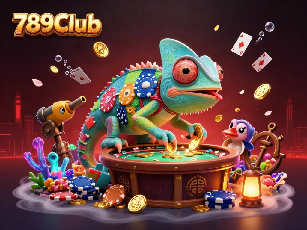 Visualize the vibrant world of 789Club featuring a chameleon casino owner amidst a treasure of gaming elements.