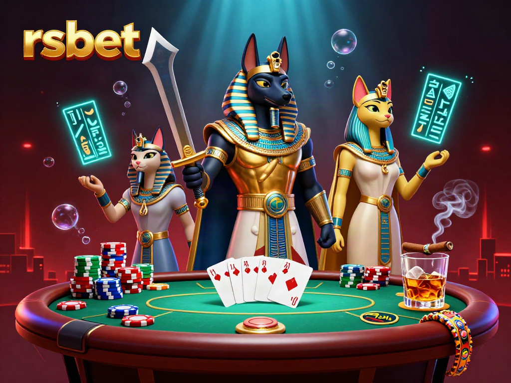 Feel the excitement of rsbet with Anubis and Bastet at a vibrant poker table, surrounded by iconic gambling elements.