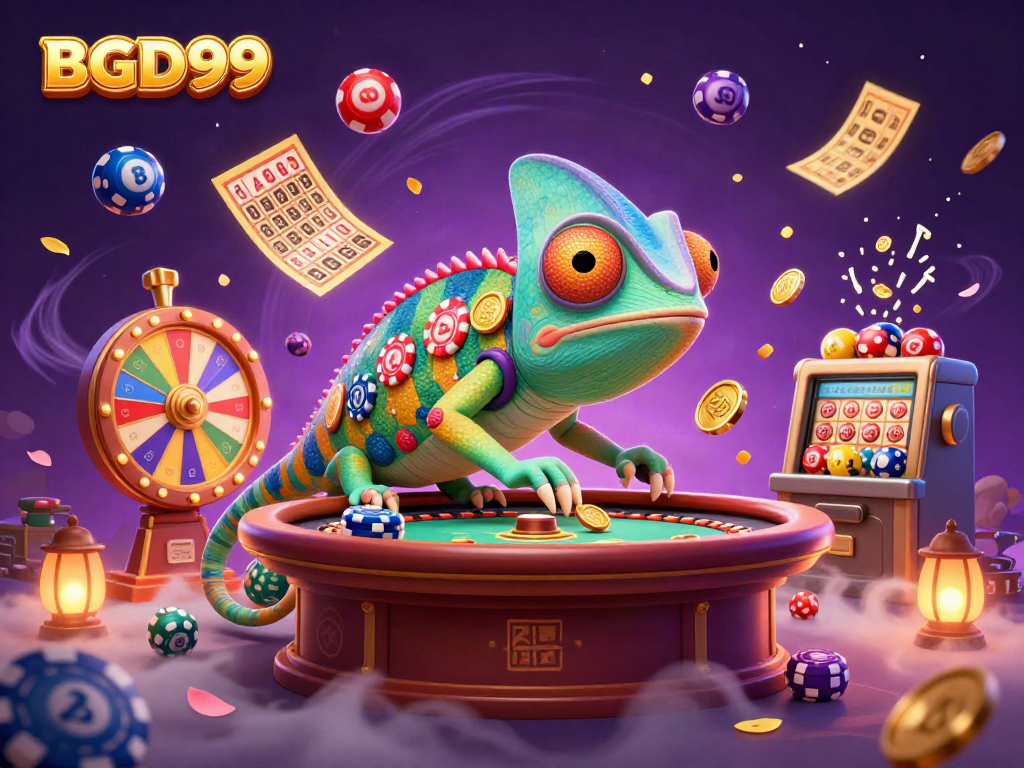 Experience thrilling casino action with BGD99's vibrant 3D chameleon owner among lively game elements.