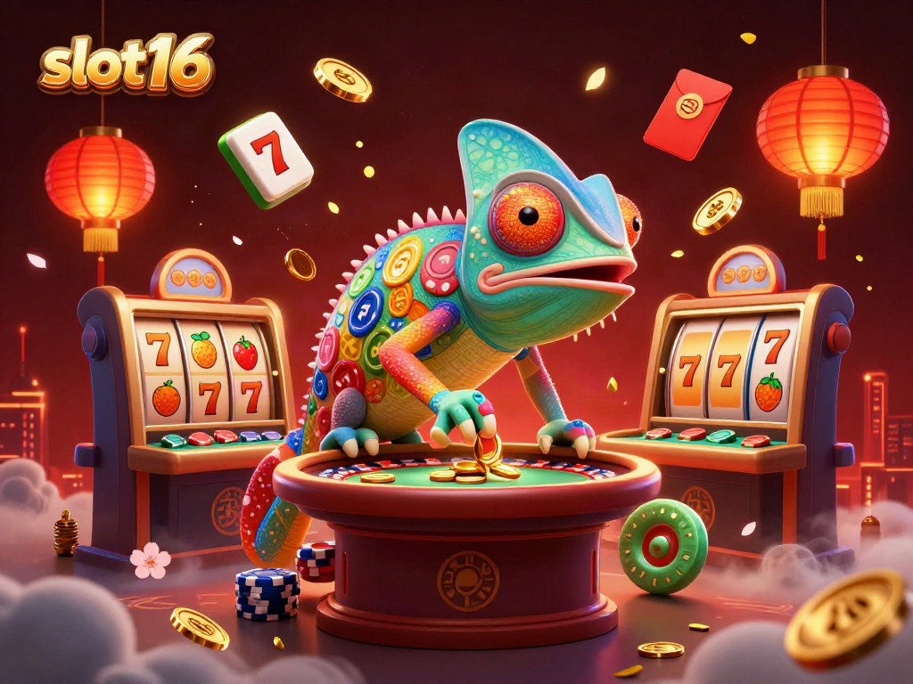Experience the vibrant world of slot16 with a lively chameleon casino owner amidst captivating game elements.