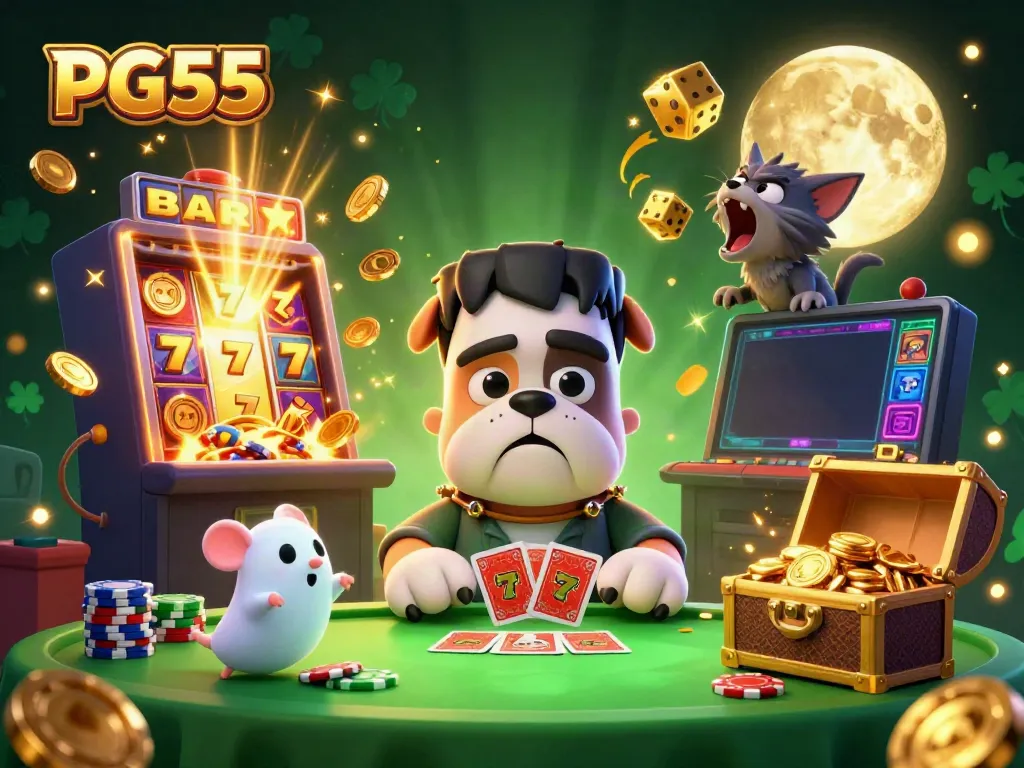 PG55 showcases a thrilling 3D casino scene featuring lively characters and vibrant game elements.