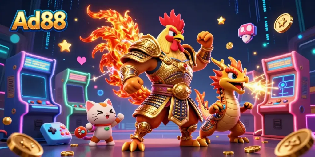 Experience epic gameplay adventure with Ad88's dazzling casino elements and characters.