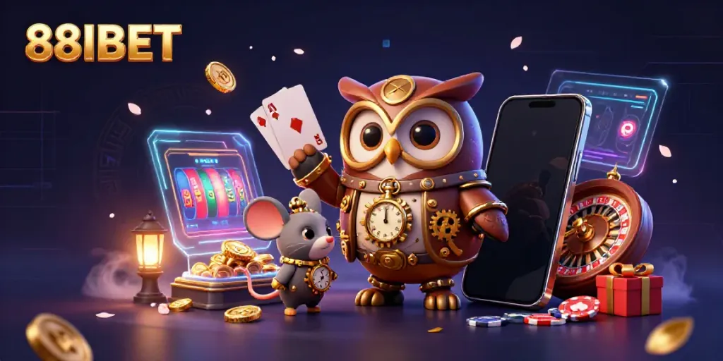 Engage with thrilling slots and poker at 88IBET, illustrated in a vibrant 3D casino scene.