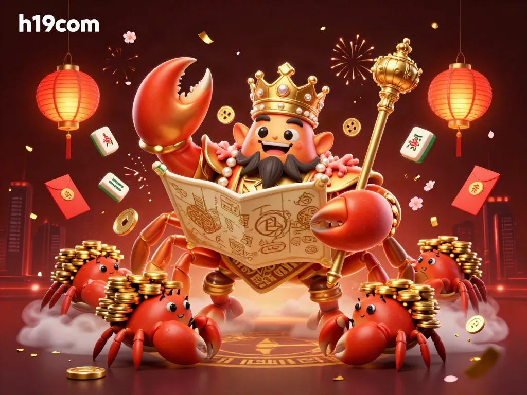 Experience the thrilling world of h19com with this vibrant 3D casino illustration featuring a golden crab emperor and festive elements.