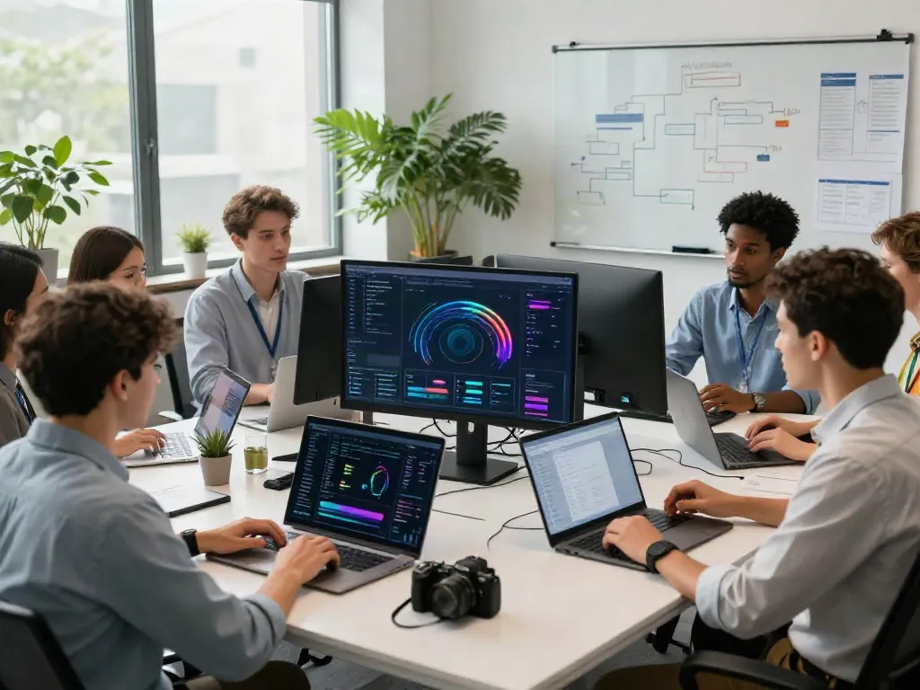 AI infrastructure collaborative workspace with data scientists analyzing models and performance metrics.