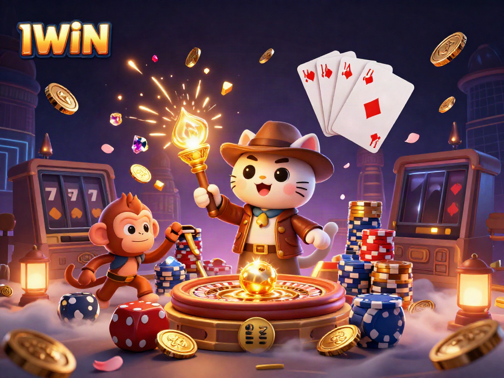IWIN showcases a cartoon archaeologist cat discovering golden casino treasures in a vivid gaming temple scene.