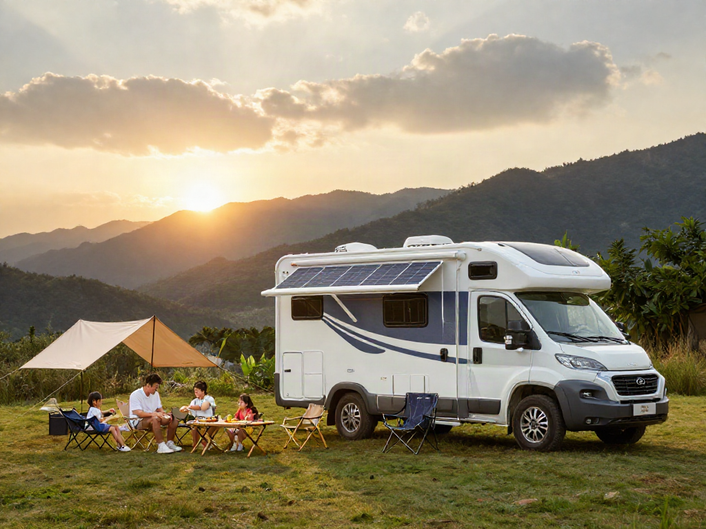 Family enjoying an outdoor picnic beside their RV with a lithium RV battery setup, surrounded by nature.