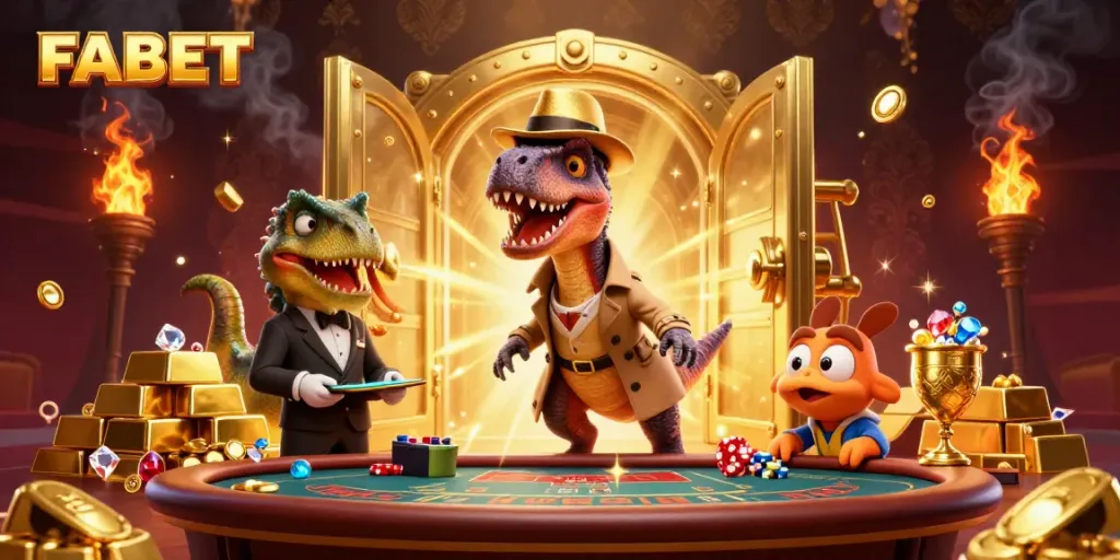 FABET features a dinosaur-themed blackjack scene with a card counter and a pit boss, showcasing a lively casino atmosphere.