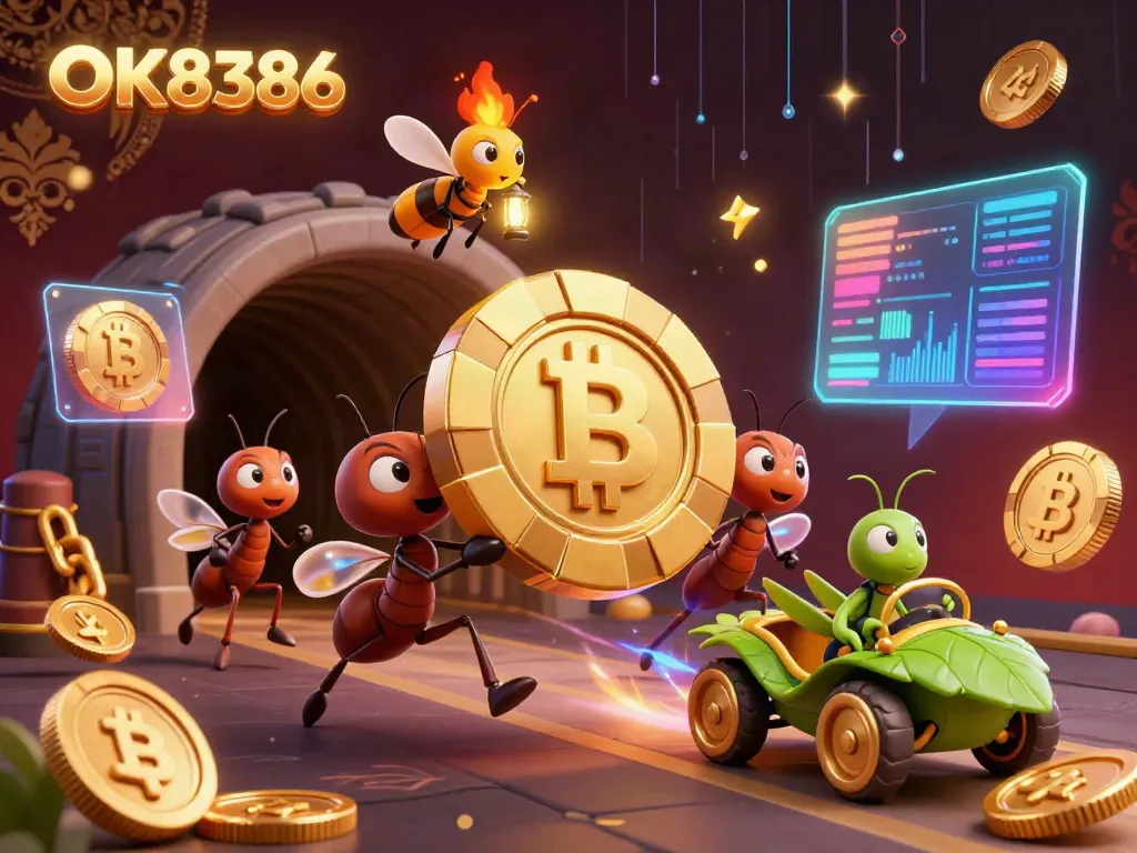 Experience the excitement of online gambling with OK8386 as animated ants carry a massive poker chip in a thrilling heist scene.