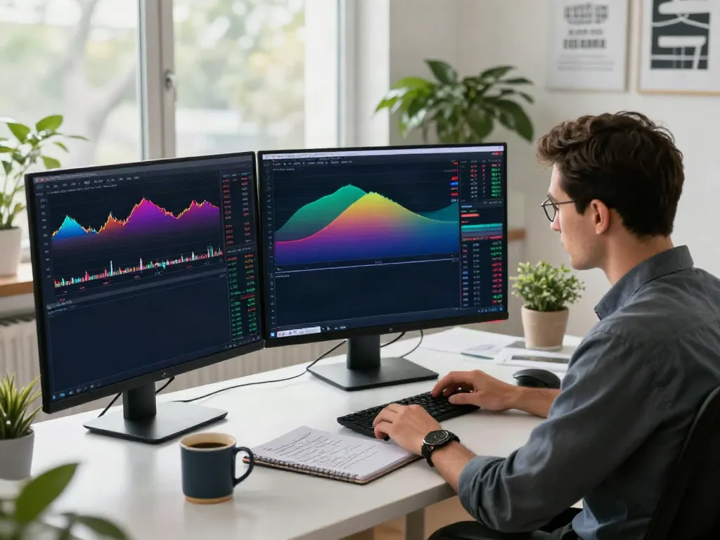Dynamic trading workspace with TradingView analysis and multiple monitors.