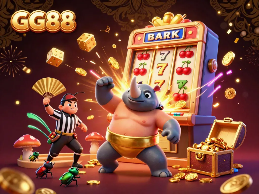 GG88 casino illustration featuring a triumphant rhinoceros beetle champion surrounded by gold coins and slot machine elements.