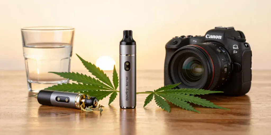 Boutiq Switch Gum Disposable showcased with cannabis leaves and elegant accessories in a tranquil vaping environment.