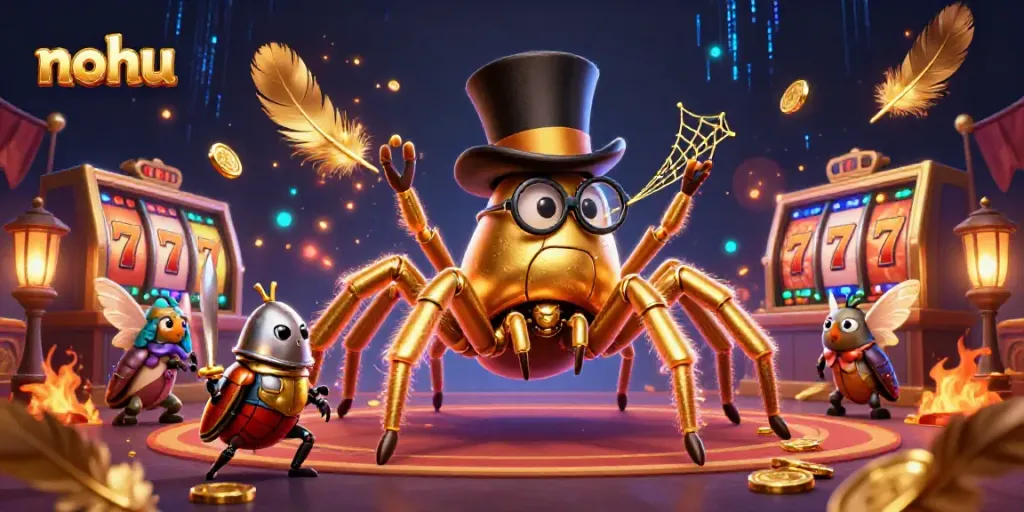 Nohu gaming scene with a giant golden tarantula weaving golden webs among casino elements, highlighting a thrilling atmosphere.