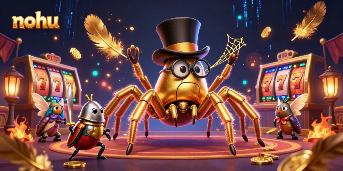 Nohu gaming scene with a giant golden tarantula weaving golden webs among casino elements, highlighting a thrilling atmosphere.