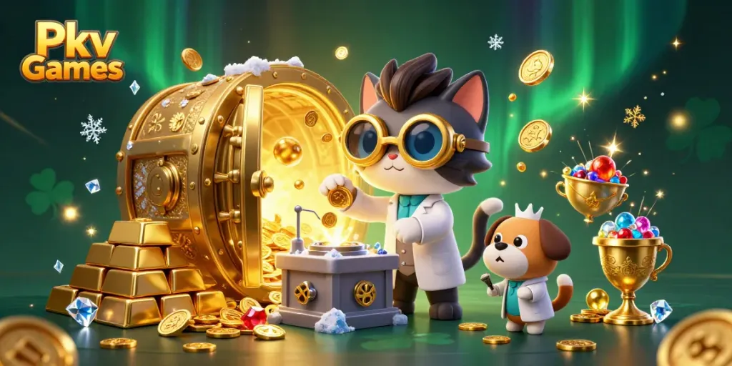 Engage in thrilling gameplay with Pkv Games featuring a mad scientist cat and dog in a dynamic casino lab scene.