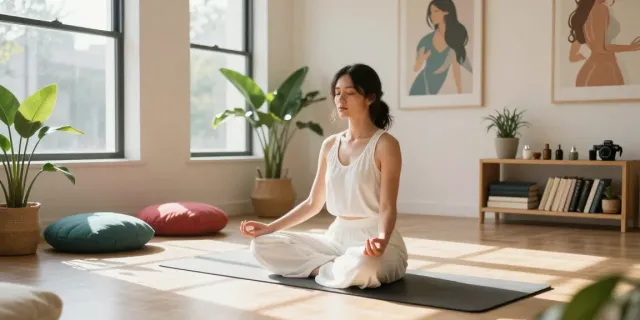 Empowered woman practicing pornholistic mindfulness in a serene wellness studio.