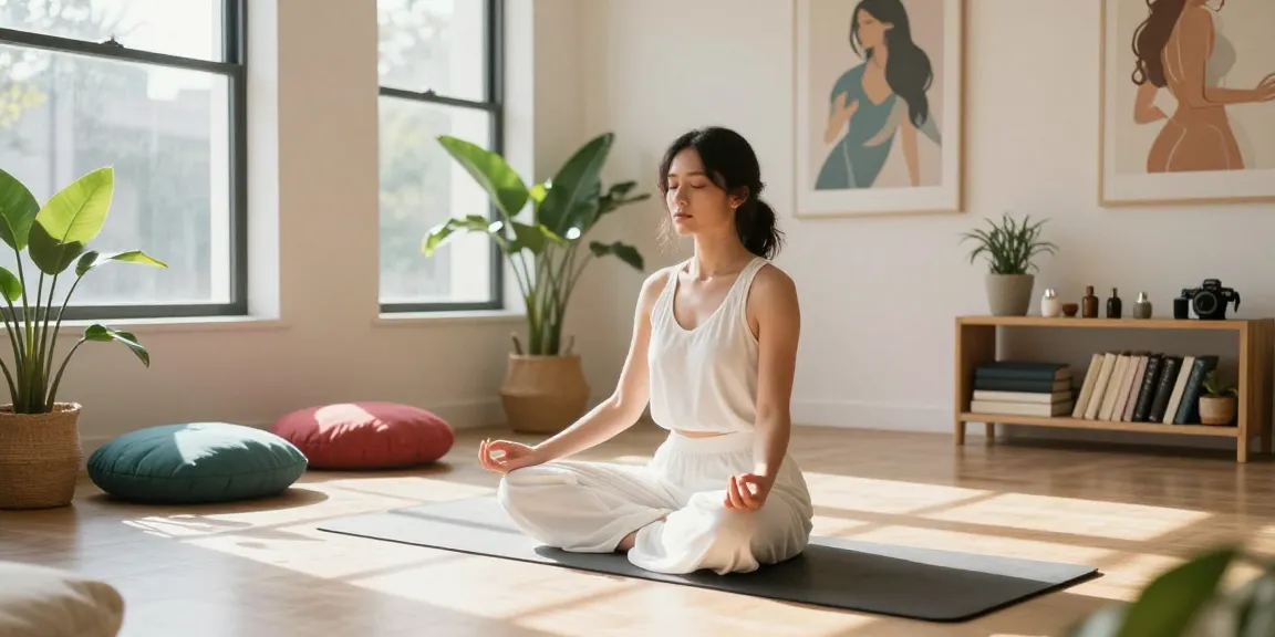 Empowered woman practicing pornholistic mindfulness in a serene wellness studio.