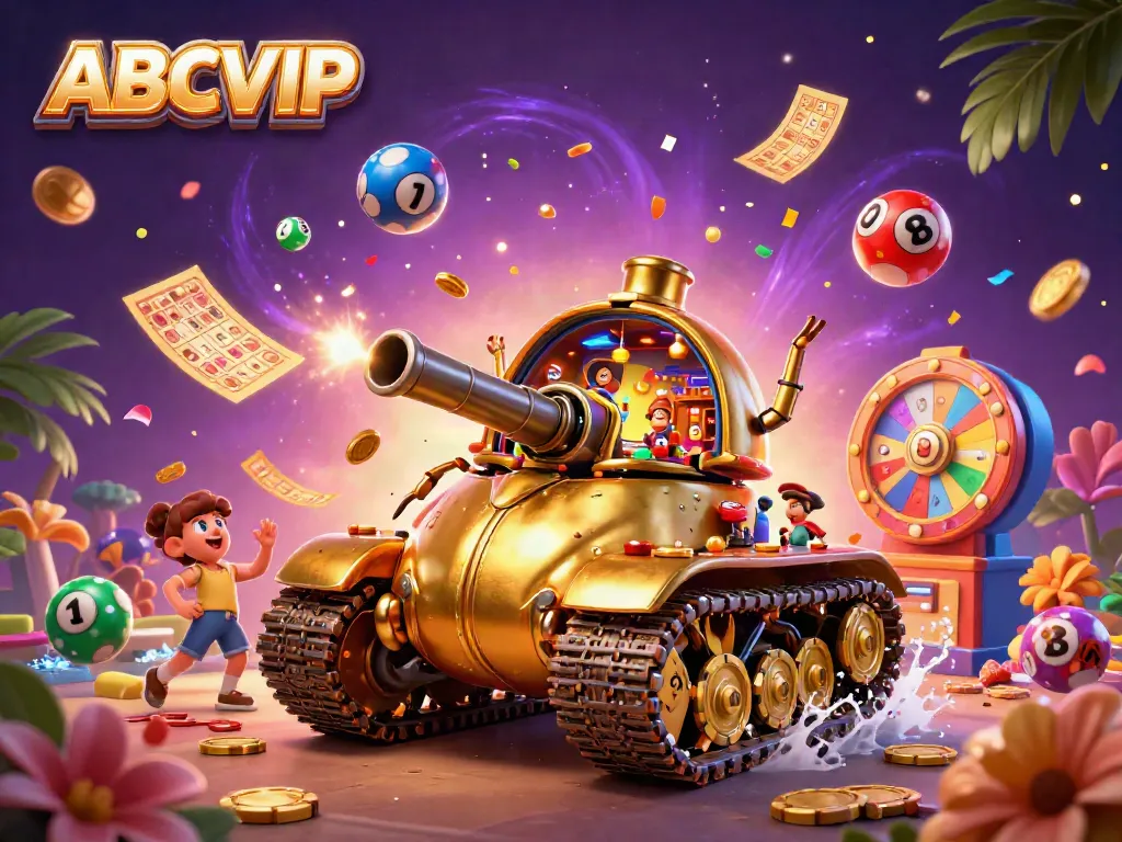 Experience dynamic excitement at ABCVIP with an ultra-detailed casino scene featuring a golden beetle tank and vibrant game elements.