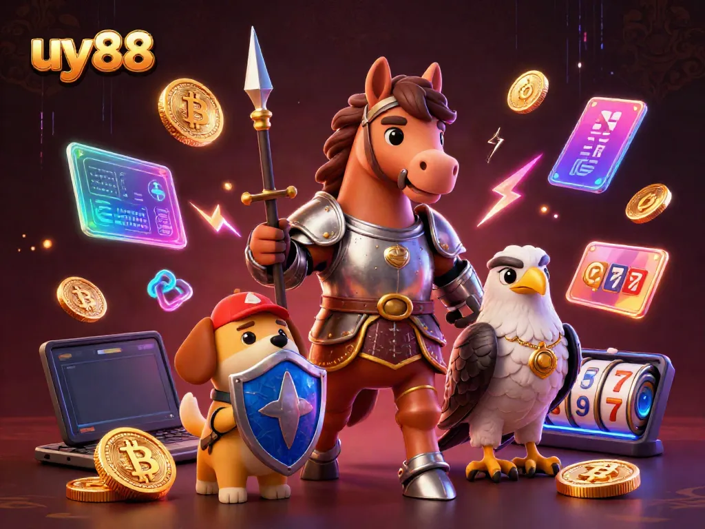 Experience the excitement of uy88's casino games through this vibrant 3D scene featuring medieval characters and crypto elements.