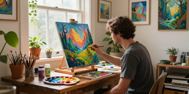 Artist creating a fantasy landscape painting in a cozy studio with vibrant colors and natural light, focusing on skin toto art.