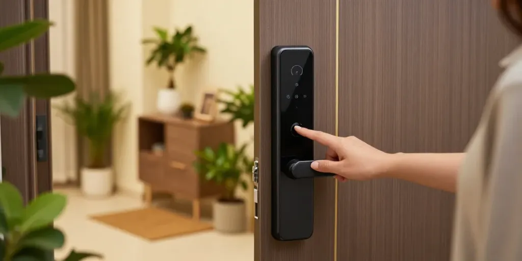 Smart lock in action as a person uses fingerprint to unlock, emphasizing خرید قفل هوشمند.