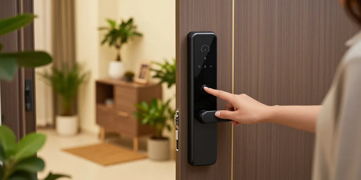 Smart lock in action as a person uses fingerprint to unlock, emphasizing خرید قفل هوشمند.