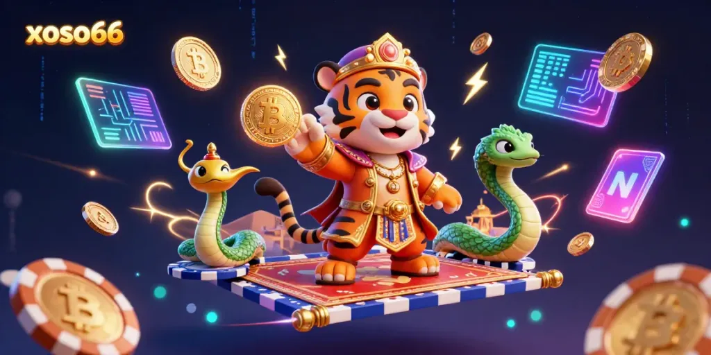 Engage in thrilling games at xoso66 with a vibrant 3D scene featuring a tiger sultan and magical elements.