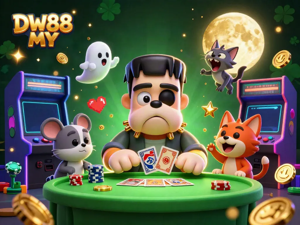 Experience thrilling gameplay visuals with DW88 MY, showcasing energetic gambling characters at a vibrant casino table.