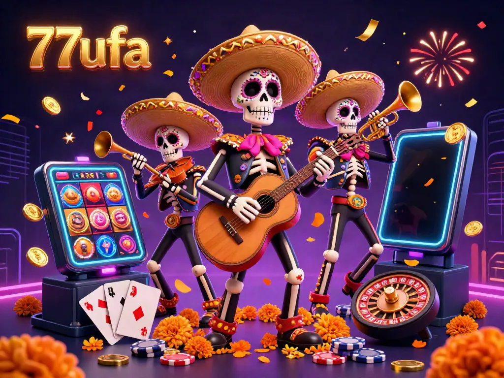 Experience the excitement of 77ufa with a festive mariachi band amidst vibrant casino elements.
