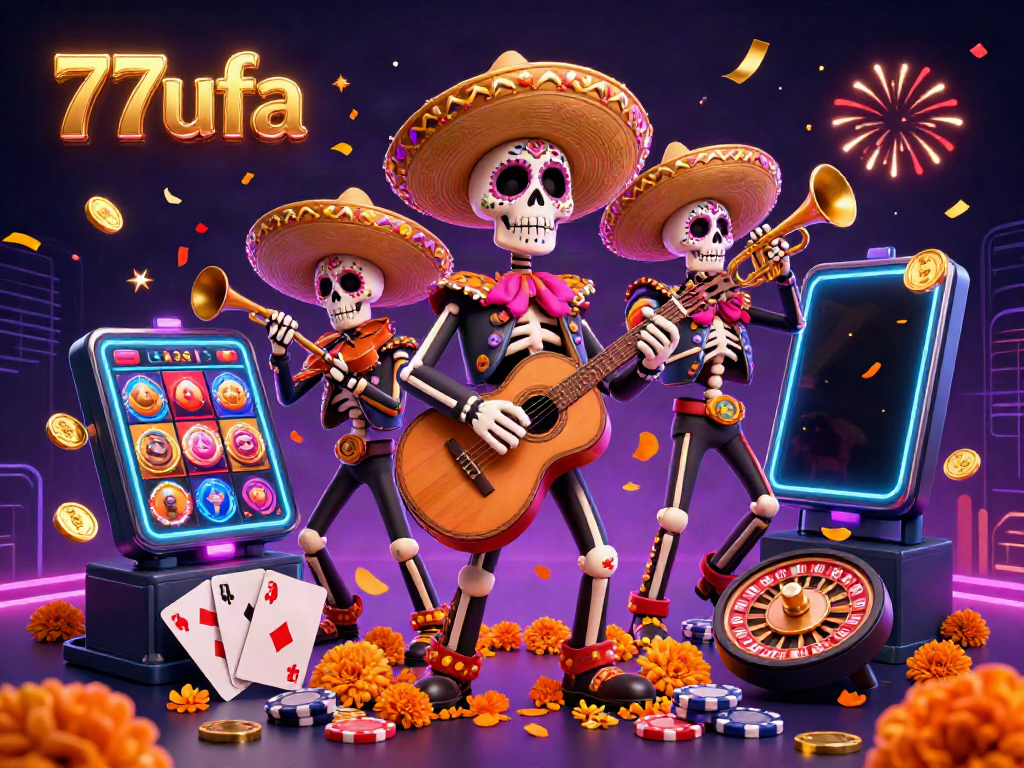 Experience the excitement of 77ufa with a festive mariachi band amidst vibrant casino elements.