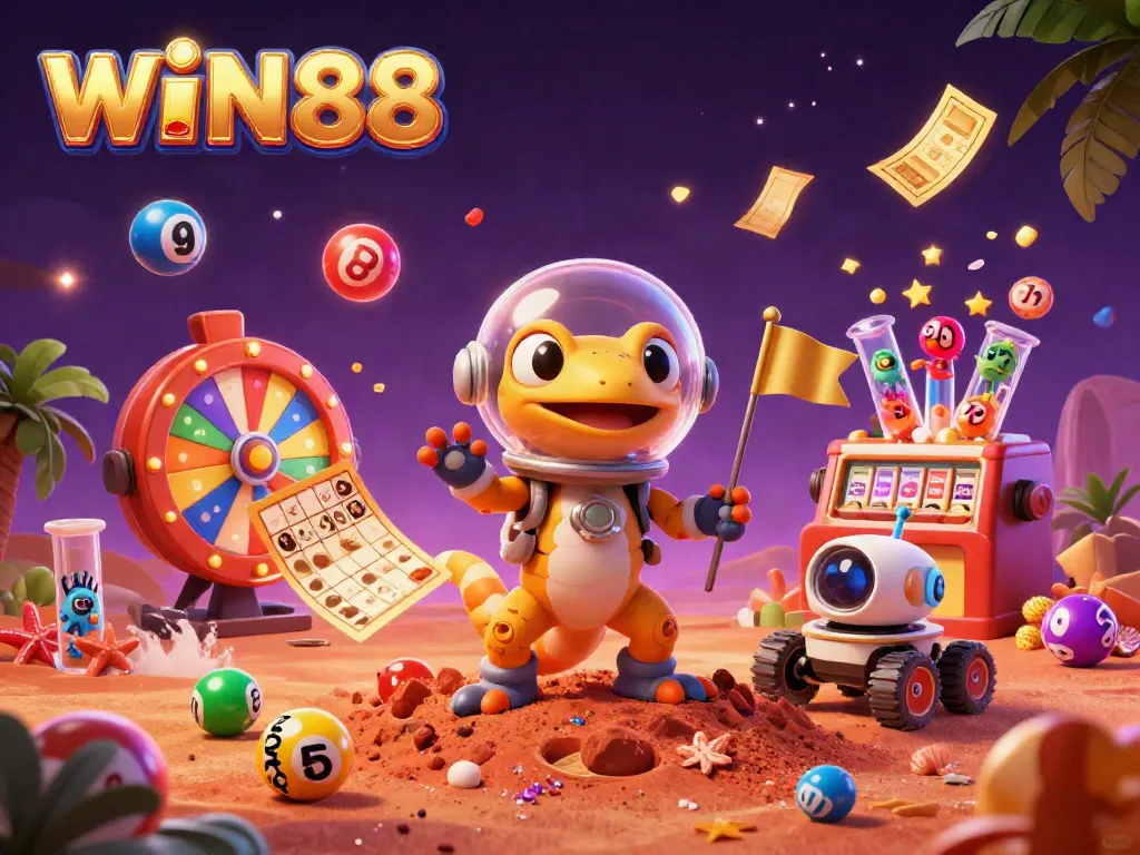 WIN88 Martian gecko explores a buried golden casino, surrounded by colorful lottery and gaming elements.